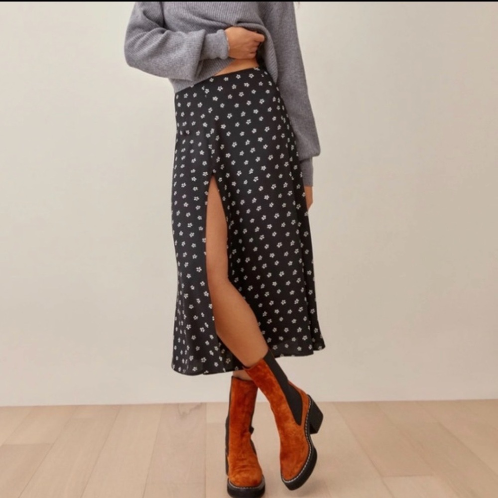Reformation - Black and White Floral Midi Skirt